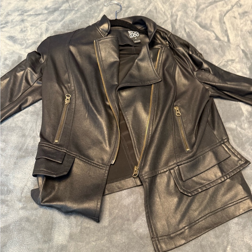 CLARA SUNWOO Black Leather Jacket Asymmetrical Design